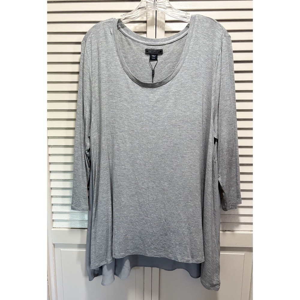 Metaphor Gray Blouse Size XL 3/4 Sleeve Chiffon‎ Back Scoop High Low NWT